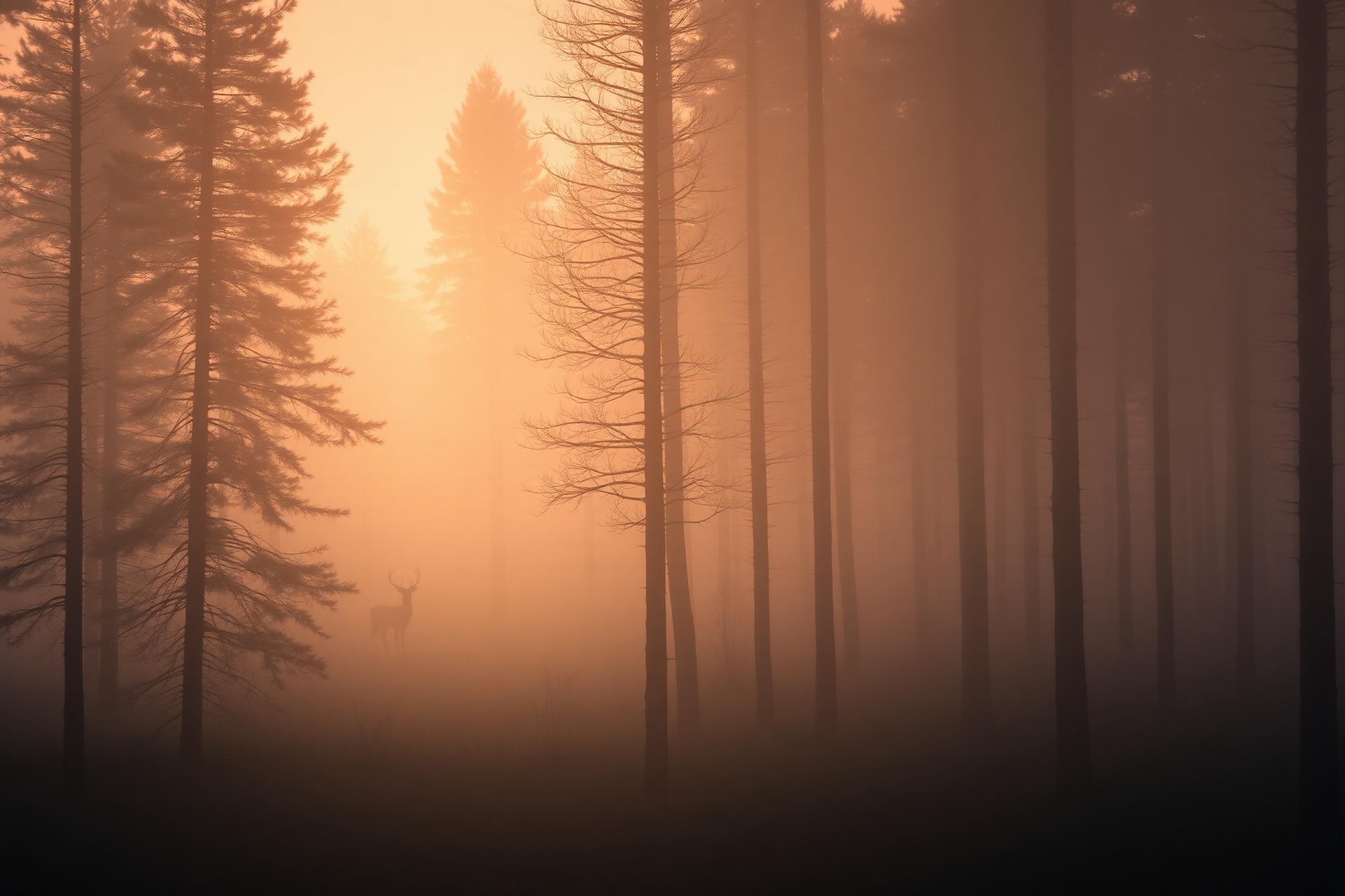 Misty Wald bei Sonnenaufgang